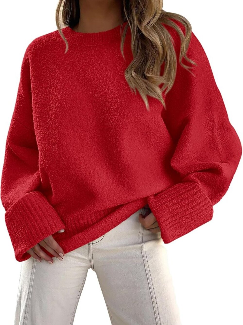 Women's Bright Red Fall Fashion Cozy Blouses Long Sleeves Oversized Sweaters